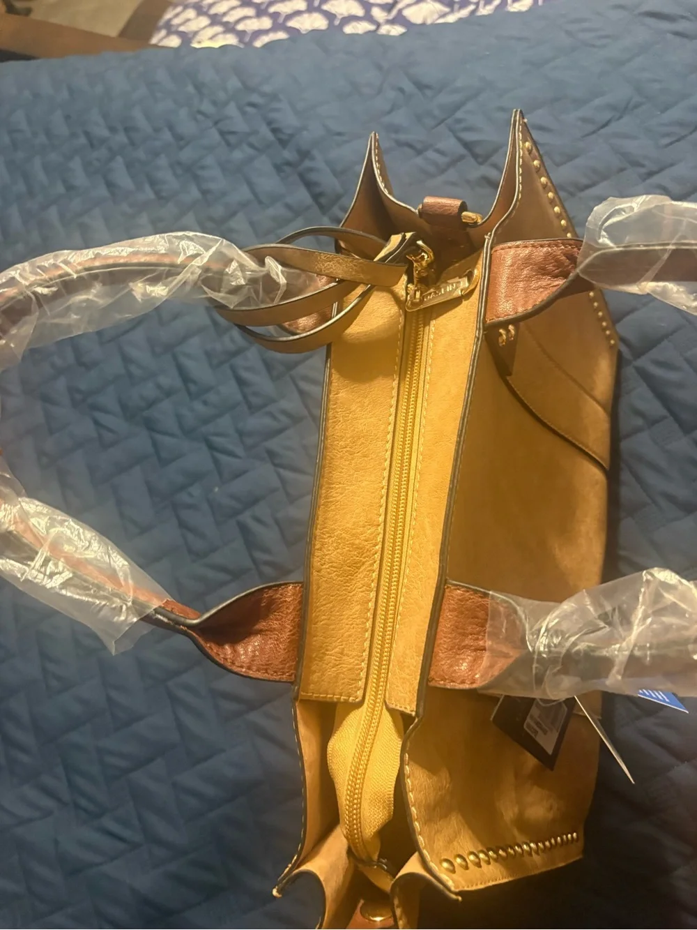 Dasein Tan Studded Satchel with Dual Top Handles